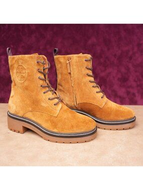 Tory Burch Women Miller T Logo Camel Suede Lace-Up Chunky Combat Boots sz 8M
